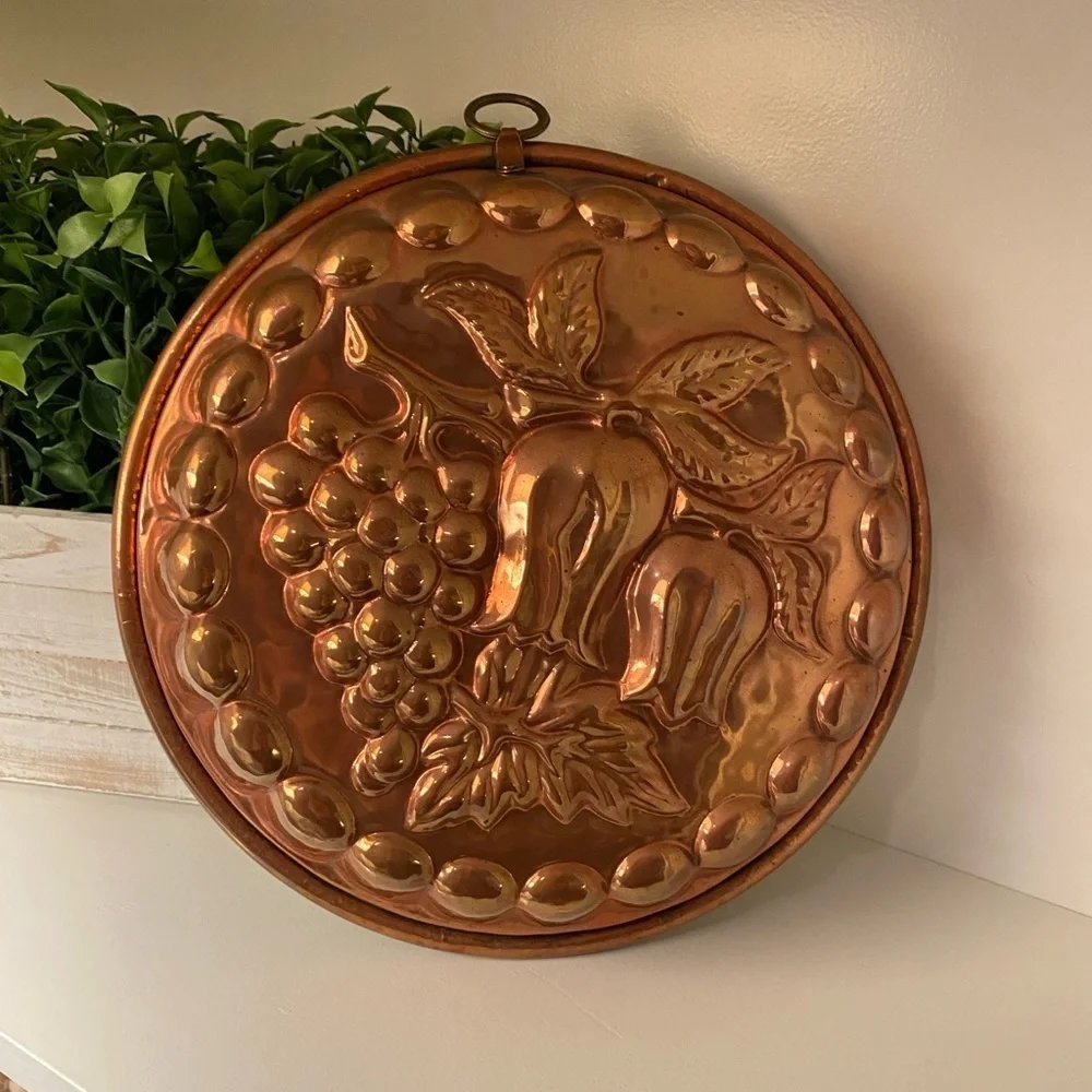 Copper Large Cake Jello Mold Tulip Flowers Grapes Tin Lined - w/Hook   Vintage